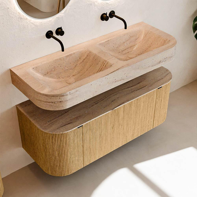 MONDIAZ THOR-DLUX 120cm badmeubel ronding links + rechts kleur Oak met 1 lade en 2 deuren. Vrijhangende wastafel CLOUD Dubbel zonder kraangat kleur Saba.