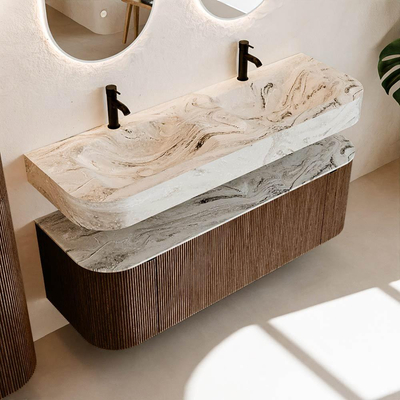 MONDIAZ THOR-DLUX 140cm meuble de salle de bains arrondi gauche + droite couleur Walnut avec 1 tiroir et 2 portes. Vasque suspendue CLOUD Double 2 trous de robinet couleur Glace.