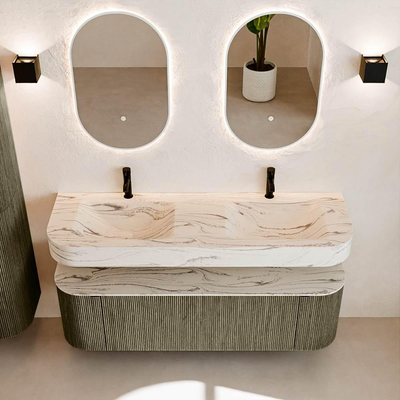 MONDIAZ THOR-DLUX 150cm meuble de salle de bains arrondi gauche + droite couleur Shadow avec 1 tiroir et 2 portes. Vasque suspendue CLOUD Double 2 trous de robinet couleur Nata.