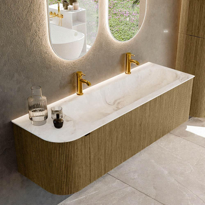 Mondiaz KURVE-DLUX Badkamermeubelset - 145x46x40cm - 1 lade - 1 deur - wastafel solid surface - rechts - 2 kraangaten - Dusk