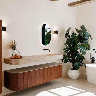 MONDIAZ THOR-DLUX Meuble de salle de bains 180cm arrondi gauche + droite couleur Ruby avec 2 tiroirs et 2 portes. Vasque suspendue CLOUD Droite sans trou de robinet couleur Arena.