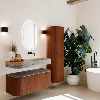 MONDIAZ THOR-DLUX 110cm meuble de salle de bains arrondi gauche + droite couleur Ruby avec 1 tiroir et 2 portes. Vasque suspendue CLOUD Droite sans trou de robinet couleur Oza.