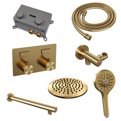 BRAUER Gold Edition Douche de tête thermostatique encastrée - boutons-poussoirs - SET 55 - douche de tête 20 cm - bras mural droit - douchette 3 jets - flexible de douche - coude d’alimentation mural - or brossé PVD