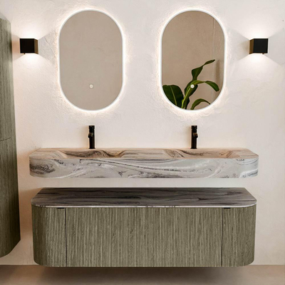 MONDIAZ THOR-DLUX 150cm meuble de salle de bains arrondi gauche + droite couleur Shadow avec 1 tiroir et 2 portes. Vasque suspendue CLOUD Double 2 trous de robinet couleur Sombra.