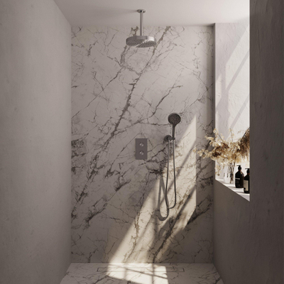 BRAUER Stripe Thermostatische Inbouw Regendouche - 3-weg - rechthoekig - 25cm douchekop - plafondarm - 3-standen handdouche - doucheslang - wandaansluitbocht - RVS-kleurig geborsteld PVD