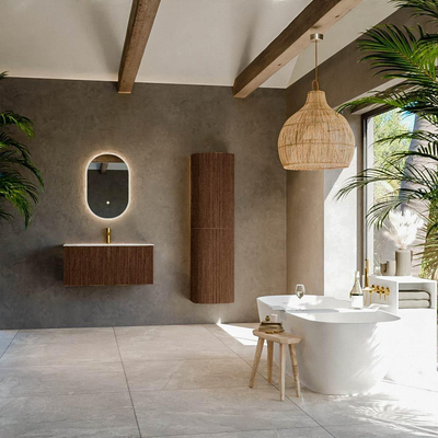 MONDIAZ KURVE-DLUX Meuble de salle de bains 90 cm couleur Walnut avec 1 tiroir. Lavabo BIG SMALL central 1 trou de robinet couleur Opalo.