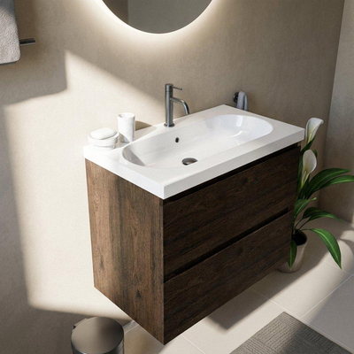 Saniclass Holz Pure Ensemble de meubles de salle de bains - 80x45x63.5cm - Lavabo en céramique Palermo blanc - 1 vasque - 1 trou de robinetterie - 2 tiroirs - chêne charcoal mat (bois)