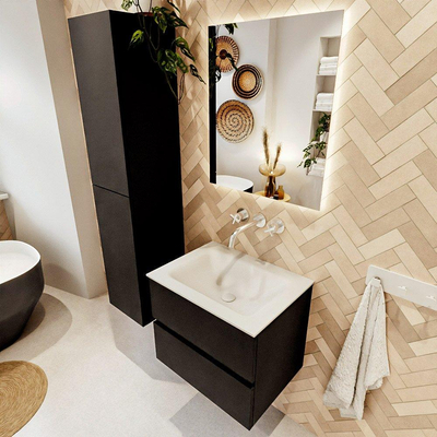 MONDIAZ VICA meuble sous lavabo 60cm Urban 2 tiroirs. Lavabo CLOUD milieu sans trou de robinet, couleur Talc.