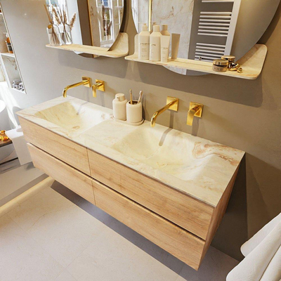 MONDIAZ VICA-DLUX Ensemble meuble de salle de bains - 150cm - meuble sous-lavabo chêne washed - 4 tiroirs - lavabo encastré cloud double - sans trous de robinet - version haute 60cm - frape