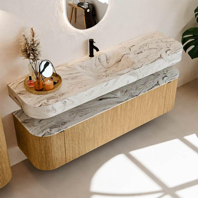 MONDIAZ THOR-DLUX 170cm badmeubel ronding links + rechts kleur Oak met 1 lade en 2 deuren. Vrijhangende wastafel CLOUD Midden 1 kraangat kleur Glace.