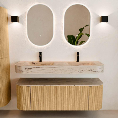 MONDIAZ THOR-DLUX 140cm badmeubel ronding links + rechts kleur Oak met 1 lade en 2 deuren. Vrijhangende wastafel CLOUD Dubbel 2 kraangaten kleur Arena.