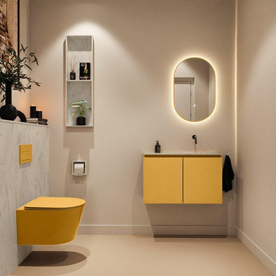 MONDIAZ TURE-DLUX Meuble toilette - 80cm - Ocher - EDEN - vasque Opalo - position droite - sans trou de robinet