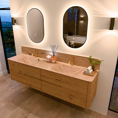 Mondiaz CIRO-DLUX Badkamermeubelset - 190x45x50cm - Solid surface wastafel Arena - 2 wasbak Dubbel - 2 kraangaten - 4 lades - Oak