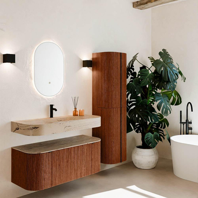 MONDIAZ THOR-DLUX Meuble de salle de bains 110cm arrondi gauche + droite couleur Ruby avec 1 tiroir et 2 portes. Vasque suspendue CLOUD Milieu 1 trou de robinet couleur Arena.