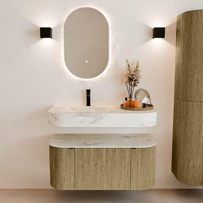 MONDIAZ THOR-DLUX 100cm meuble de salle de bains arrondi gauche + droite couleur Dusk avec 1 tiroir et 2 portes. Vasque suspendue CLOUD Gauche 1 trou de robinet couleur Ostra.