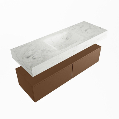 Mondiaz ALAN-DLUX Ensemble de meuble - 130cm - meuble Rust mat - 2 tiroirs - Lavabo Cloud Opalo suspendu - vasque Centre - 0 trous de robinet