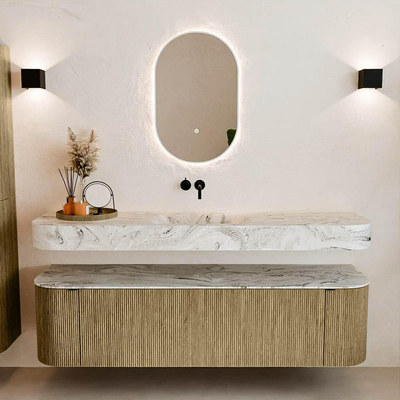 MONDIAZ THOR-DLUX Meuble de salle de bains - 170cm - arrondi gauche + droite - couleur Dusk - 1 tiroir - 2 portes - Vasque suspendue CLOUD Milieu sans trou de robinet - couleur Glace