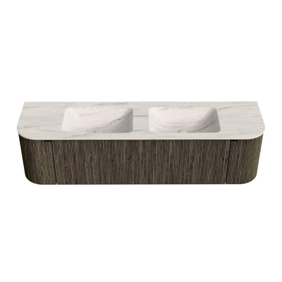 MONDIAZ KURVE-DLUX Meuble de salle de bains 170cm arrondi Gauche + Droite couleur Shadow avec 1 tiroir et 2 portes. Lavabo LEAF Double 2 trous de robinet Meli.