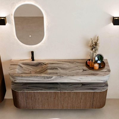 MONDIAZ THOR-DLUX 160cm badmeubel ronding links + rechts kleur Walnut met 1 lade en 2 deuren. Vrijhangende wastafel CLOUD Links 1 kraangat kleur Sombra.
