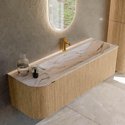 MONDIAZ KURVE-DLUX 145cm badmeubel ronding Links kleur Oak met 1 lade en 1 deur. Wastafel BIG LARGE Rechts 1 kraangat Nata.