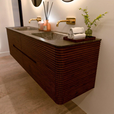 Mondiaz CIRO-DLUX Meuble de salle de bains - 170x45x50cm - lavabo solid surface Lava - 2 vasques double - sans trous de robinet - 4 tiroirs - Ruby