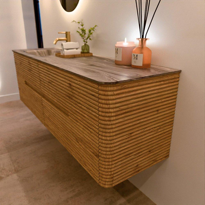 Mondiaz CIRO-DLUX Badkamermeubelset - 160x45x50cm - Solid surface wastafel Sombra - 1 wasbak Links - 1 kraangat - 4 lades - Oak