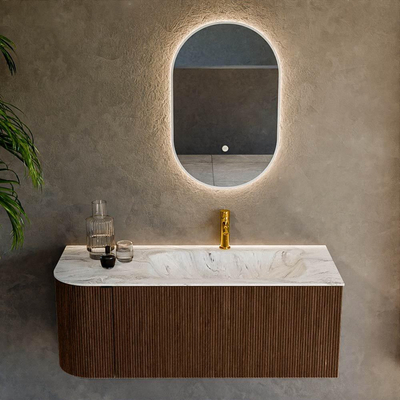 MONDIAZ KURVE-DLUX Meuble de salle de bains 115cm avec module 25 L couleur Walnut avec 1 tiroir et 1 porte. Lavabo BIG SMALL à droite 1 trou de robinet couleur Glace.