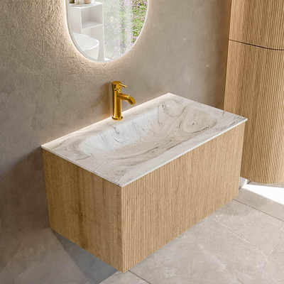 MONDIAZ KURVE-DLUX 80cm Meuble salle de bain - couleur Oak - 1 tiroir - vasque BIG SMALL centre - 1 trou de robinet - couleur Glace