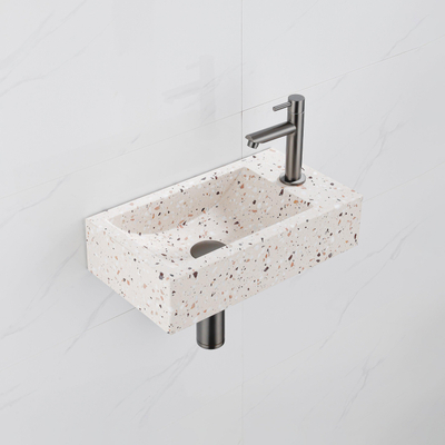 FugaFlow Eccelente Pietra Ensemble fontaine - 40x22x10cm - trou de robinet à droite - robinet de fontaine brossé gunmetal PVD - bouchon de vidange - siphon abaissé - beige mat