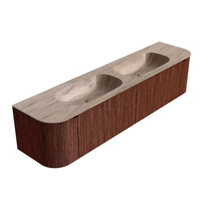 MONDIAZ KURVE-DLUX Meuble de salle de bains 190cm arrondi Gauche + Droite couleur Ruby avec 2 tiroirs et 2 portes. Lavabo STOR SMALL Double 2 trous de robinet Saba.