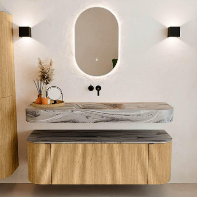 MONDIAZ THOR-DLUX 140cm meuble de salle de bains arrondi gauche + droite couleur Oak avec 1 tiroir et 2 portes. Vasque suspendue CLOUD Milieu sans trou de robinet couleur Sombra.