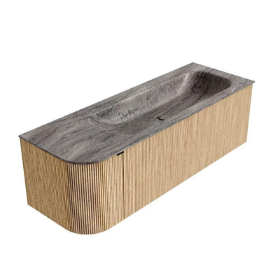 MONDIAZ KURVE-DLUX meuble de salle de bains 135cm arrondi gauche couleur chêne avec 1 tiroir et 1 porte. Lavabo BIG MEDIUM droit sans trou de robinetterie Oza.