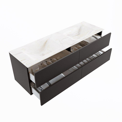 Mondiaz VICA-DLUX ensemble de meuble de salle de bain - 150cm - meuble sous-vasque gris foncé - 4 tiroirs - lavabo encastré cloud double - 2 trous de robinet - version haute de 60cm - ostra