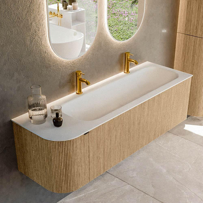 MONDIAZ KURVE 145cm meuble de salle de bains avec module 25 L couleur chêne avec 1 tiroir et 1 porte. Lavabo BIG LARGE à droite 2 trous de robinet Talc.