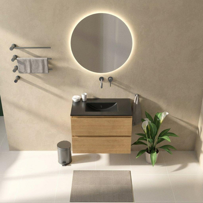 Saniclass Holz Pure Ensemble de meubles de salle de bains - 80x45x62cm - lavabo Vygo en céramique noir - 1 vasque - sans trou de robinetterie - 2 tiroirs - chêne naturel mat (bois)