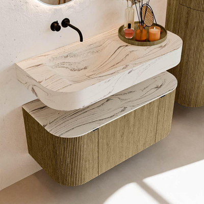 MONDIAZ THOR-DLUX 100cm meuble de salle de bains arrondi gauche + droite couleur Dusk avec 1 tiroir et 2 portes. Vasque suspendue CLOUD gauche sans trou de robinet couleur Nata.