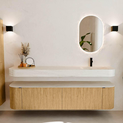 MONDIAZ THOR-DLUX Meuble de salle de bains 190cm arrondi gauche + droite couleur Oak avec 2 tiroirs et 2 portes. Vasque suspendue CLOUD Droite 1 trou de robinet couleur Meli.