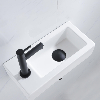 QeramiQ Lave-mains Kit lave-mains - 37.5x18.5x9cm - céramique - trou de robinet gauche - robinet lave-mains noir mat - bonde de vidage - siphon abaissé - Mat blanc