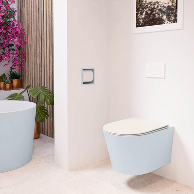 Mondiaz LAVIE hangtoilet – spoelrandloos – 36 x 53 cm – met softclose zitting – Clay (lichtblauw/grijs), zitting Linen (offwhite)