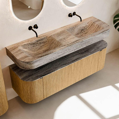 MONDIAZ THOR-DLUX 150cm badmeubel ronding links + rechts kleur Oak met 1 lade en 2 deuren. Vrijhangende wastafel CLOUD Dubbel zonder kraangat kleur Oza.
