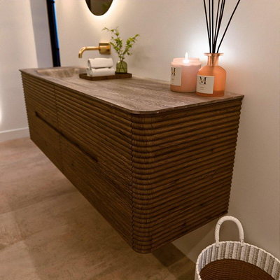 Mondiaz CIRO-DLUX ensemble de meubles de salle de bains - 150x45x50cm - plan vasque solid surface Oza - 1 lavabo à gauche - sans trous de robinet - 4 tiroirs - Dusk