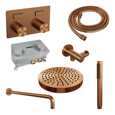 BRAUER Stripe Thermostatische Inbouw Regendouche - drukknoppen - SET 26 - 25cm douchekop - gebogen muurarm - staaf handdouche - doucheslang - wandaansluitbocht - koper geborsteld PVD