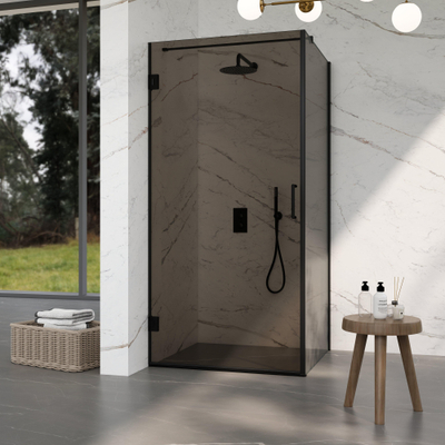FugaFlow Eccelente Vetro Cabine de Douche - 100x140x200cm - charnières - poignée de porte - plat - verre fumé - Acier Brossé Gunmetal PVD (Anthracite)