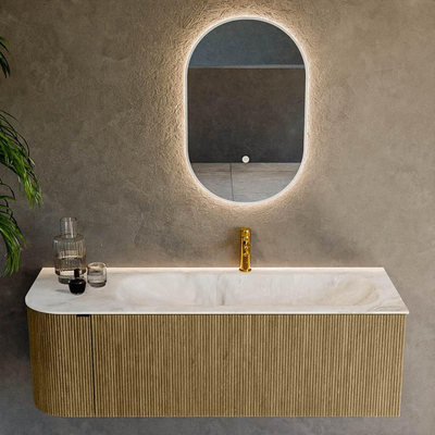Mondiaz KURVE-DLUX Ensemble de meubles de salle de bains - 135x46x40cm - 1 tiroir - 1 porte - lavabo solid surface - droit - 1 trou de robinet - Dusk
