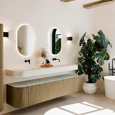 MONDIAZ THOR-DLUX Meuble de salle de bains - 190cm - arrondi gauche + droite - couleur Dusk - 2 tiroirs et 2 portes - Vasque suspendue CLOUD Double sans trou de robinet - couleur Opalo