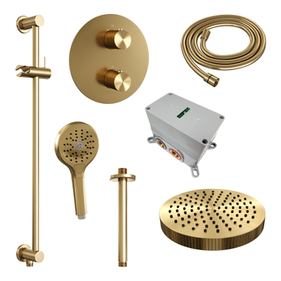 BRAUER Stripe Thermostatische Inbouw Regendouche - 3-weg - rond - SET 48 - 25cm douchekop - plafondarm - 3-standen handdouche - doucheslang - geïntegreerde glijstang - goud geborsteld PVD
