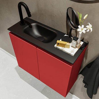 MONDIAZ TURE Toiletmeubel 60x23x50cm met 1 kraangaten 2 deuren fire mat Wastafel Eden links Solid Surface Zwart