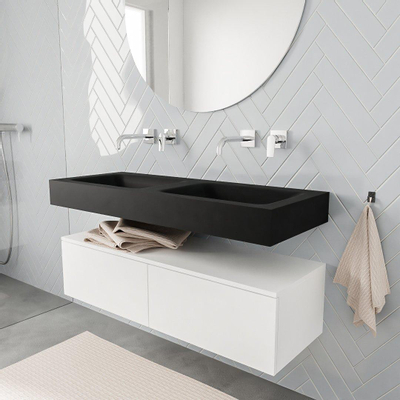 MONDIAZ ALAN 120cm - meuble bas - talc - 2 tiroirs - lavabo suspendu - 2 bassins - 0 trous de robinet - urban