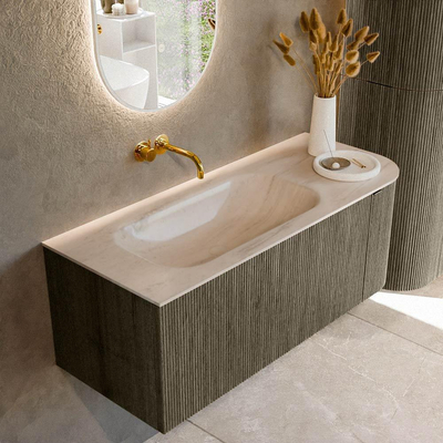 MONDIAZ KURVE-DLUX Meuble de salle de bains 115cm arrondi à droite couleur Shadow avec 1 tiroir et 1 porte. Lavabo BIG SMALL à gauche sans trou de robinet Meli.