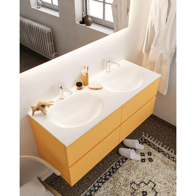 MONDIAZ VICA Ensemble de meuble salle de bain - 120cm - 4 tiroirs - lavabo Moon double - 2 trous de robinet - solid surface ocre